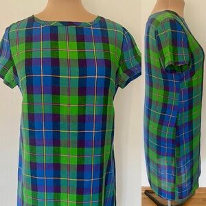 Vintage 60s Mod Shift Dress *XL* Navy/Green Plaid Short Sleeve Summer Dress
